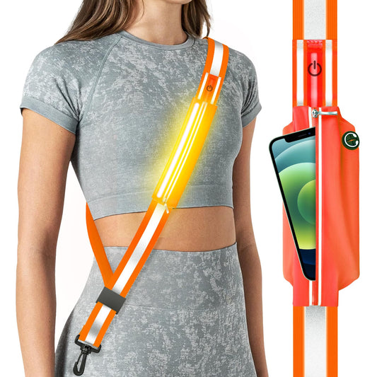 Fokia Kunbio LED Reflective Belt Sash for Walking at Night, Night Running Safety Gear High Visibility Rechargeable LED Light Up Running Belt for Runners Walkers Men Women (Orange)