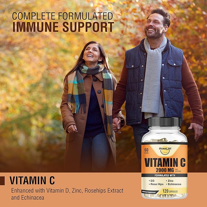 Vitamin C 2000MG, Zinc 40 mg, Vitamin D3 5000 IU, Echinacea Extract, Rose Hip, Immune Support for Adults & Kids, Immune Booster,120 Vegan Caps, 60 Day Supply, Non GMO, No Filler