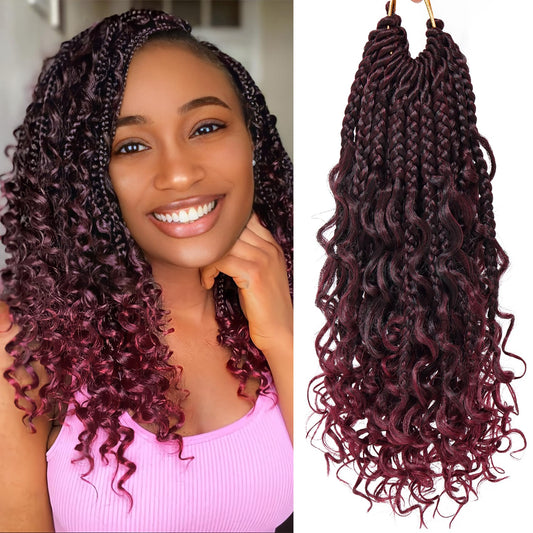 Goddess Box Braids Crochet Hair 10 Inch 8 Packs Pre-looped Bohemian Crochet Boho Box Braids With Curly Ends Red Burgundy 3X Crochet Braids Hair for Women Synthetic Braiding Hair (10 inch, TBUG)