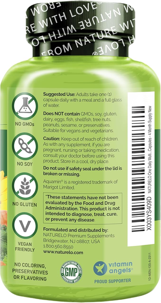 NATURELO Mens Multivitamins - One Daily Multivitamin for Men with Vitamins, Minerals & Organic Whole Foods, Boost Energy & Health, Non-GMO, 120 Vegetarian Capsules