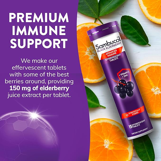 Sambucol Black Elderberry Tablets with Vitamin C & Zinc - Immune Support Supplement, Black Elderberry with Zinc and Vitamin C Effervescent Tablets, High Antioxidants, Drink Fizzies- 30 Count