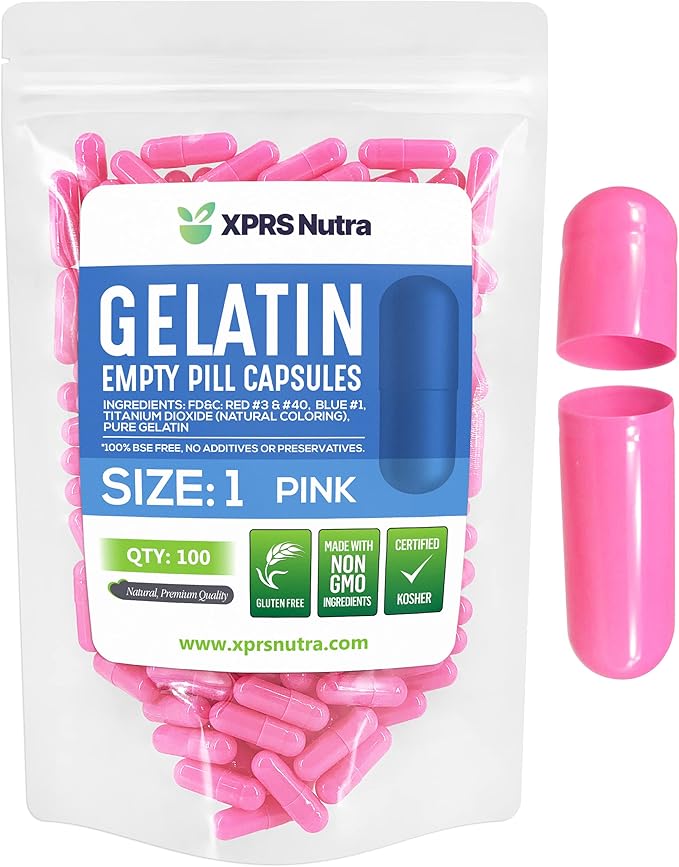 XPRS Nutra Size 1 Empty Capsules - 100 Count Empty Gelatin Capsules - Pills for DIY Capsule Filling - Pure Bovine Pill Gel Caps for Do-It-Yourself Supplements (Pink)