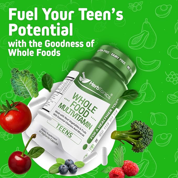 Herbtonics Whole Food Teen Vitamins for Energy, Focus & Immune Support - Multivitamin for Teenage Boys & Girls (12-18) with 62 Superfoods - Vegan, Plant Based, Non-GMO - 60 Easy Swallow Capsules