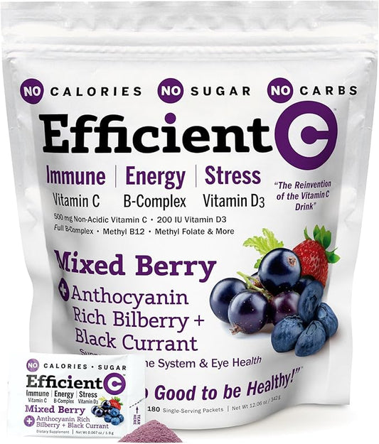 ANDREW LESSMAN Efficient C Mixed Berry 90 Packets - Immune, Energy, Stress and Eye Health Support. Reinvention of The Vitamin C Drink. No Calories. No Sugar. No Carbs. Easy to Mix.