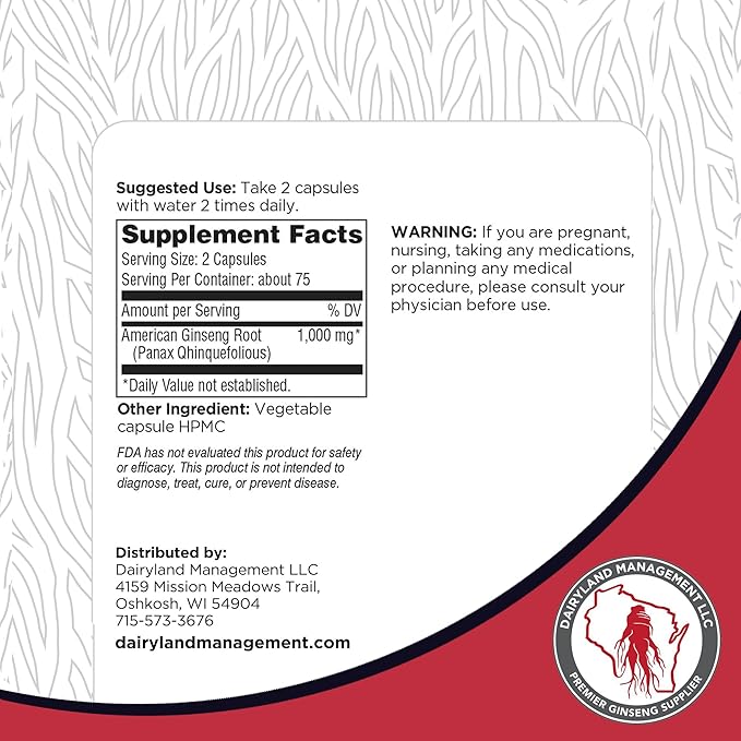 Dairyland American Ginseng Capsules - 150 ct, 500 mg - Wisconsin Ginseng Complex Capsules - Authentic American Ginseng Root Extract - Ginseng Capsules for Use as a Daily Immune Support Herb Supplement