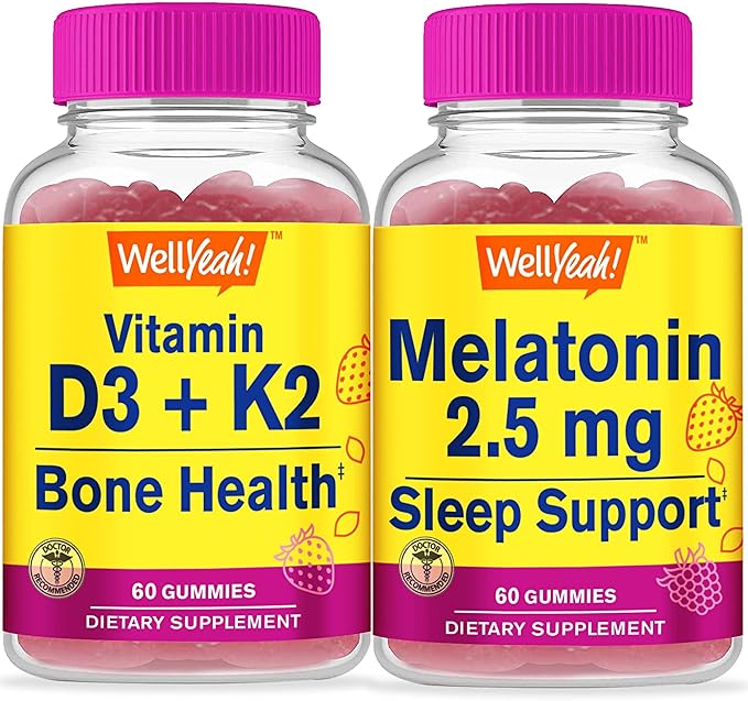 Vitamin D3 + K2 + Melatonin 2.5mg, Gummies Bundle - Great Tasting, Vitamin Supplement, Gluten Free, GMO Free, Chewable Gummy