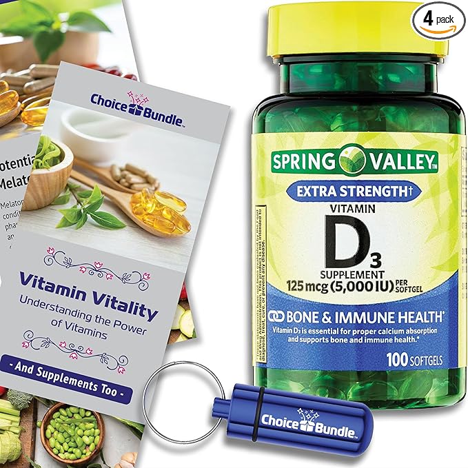 Spring Valley Vitamin D3 Softgels 125 mcg per Soft Gel 5,000 IU 100 Ct 4 pk (400 Total) + Vitamin Guide & Pill Container (6 Items)!