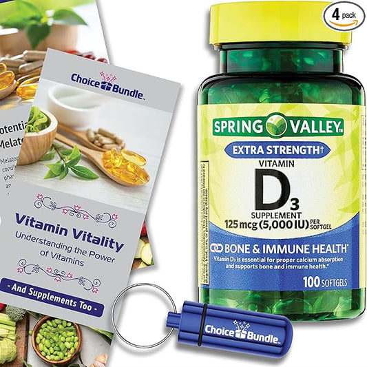Spring Valley Vitamin D3 Softgels 125 mcg per Soft Gel 5,000 IU 100 Ct 4 pk (400 Total) + Vitamin Guide & Pill Container (6 Items)!