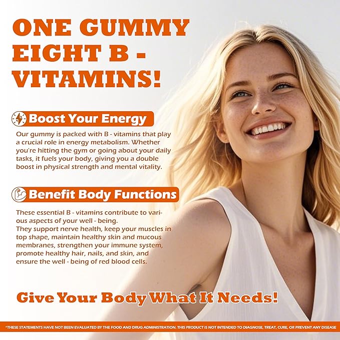 Vitamin B Complex Gummies for Adults & Kids - 120 Count Apple Flavored, with B12, Biotin, Folic Acid, Niacin (3g Per Gummy) | Energy Metabolism & Hair Support | Non-GMO, Vegan