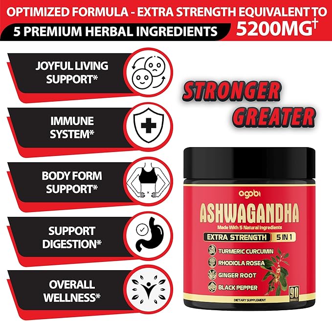 Ashwagandha Capsule 5in1-90 Vegan Capsules Blended with Ginger, Turmeric, Rhodiola Rosea & Black Pepper