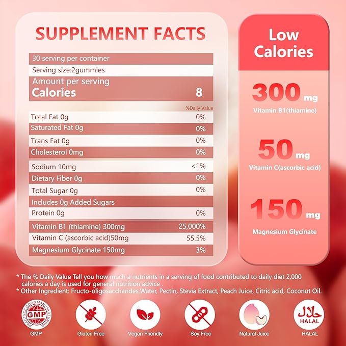 Vitamin B1 Gummies Vitamin B1 B6 B12 Complex Energy Plus Healthy Nervous System, 1 Pack