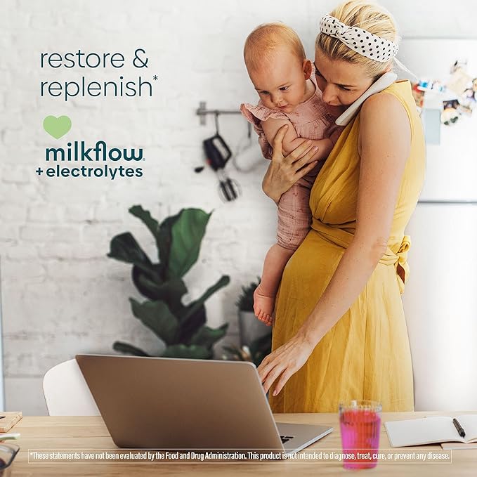 UpSpring Milkflow Electrolyte Breastfeeding Supplement Drink Mix with Fenugreek | Berry Flavor | Lactation Supplement to Support Breast Milk Supply & Restore Electrolytes | 16 Drink Mixes