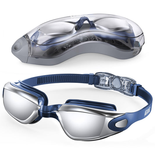 Aegend Swim Goggles, Swimming Goggles No Leaking Full Protection Adult Men Women Youth,Bright Sliver With Blue Strap