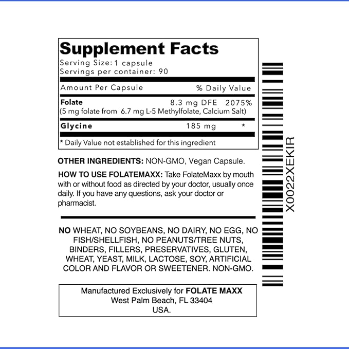FolateMaxx L-Methylfolate 5 mg 90 Capsules Professional Active Folate Non-GMO, Gluten Free Methyl Folate, 5-MTHF