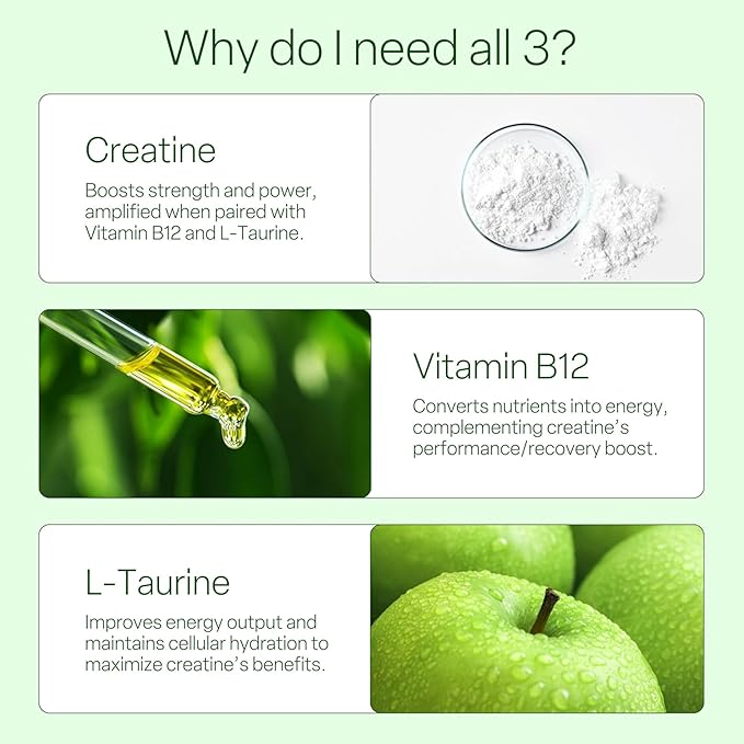 Creatine Monohydrate Gummies for Women & Men - 5g Creatine with Taurine & B12 for Energy, Muscle & Focus | Vegan, Sugar Free, Gluten-Free | Creatine Monohydrate | 120 ct Green Apple