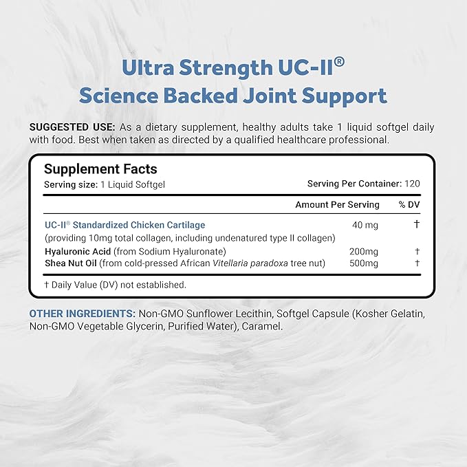 UC-II 40 mg with Hyaluronic Acid and Shea Nut Oil | Enhanced Undenatured Type II Collagen for Better Joint Health, Mobility & Flexibility | Gluten-Free & Non-GMO | 120 Softgels