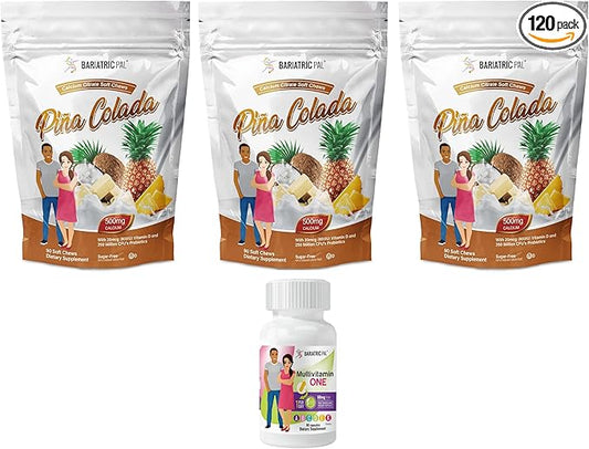 BariatricPal 90-Day Bariatric Vitamin Bundle (Multivitamin ONE 1 per Day! Capsule with 60mg Iron and Calcium Citrate Soft Chews 500mg with Probiotics - Piña Colada)