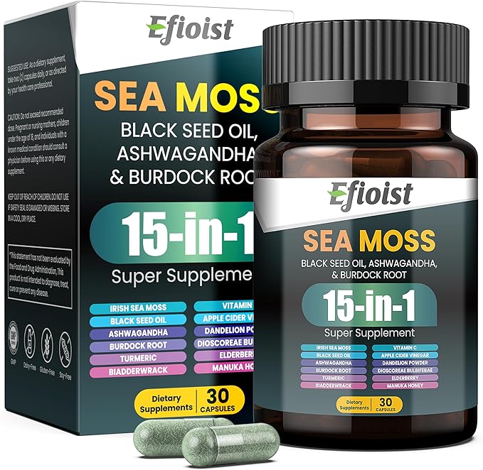 Sea Moss Black Seed Oil Ashwagandha Ginger & Burdock Root Turmeric Bladderwrack Chlorophyll ACV Supplement 30 Count