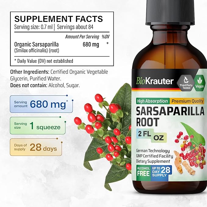 BIO KRAUTER Sarsaparilla Root Tincture - Herbal Liquid Extract Supplement for Liver Support - Alcohol & Sugar Free Vegan Drops 2 Fl.Oz.