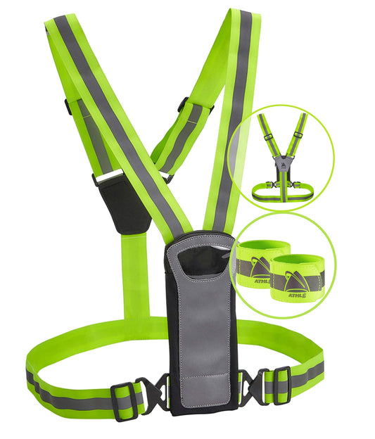 Athlé Reflective Vest and Bands with Phone and Storage Pouch, Adjustable Stretch Waist Belt - Neon Yellow Straps - High Visibility Safety Gear for Running, Jogging, Biking, and Hiking