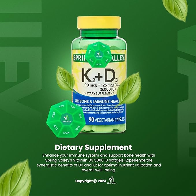 Vitamin K2 (90mcg) + D3 (125mcg) Vegetarian Capsules, 90 Count with Bundle Exclusive Vitamins & Minerals - A to Z - Better Ligth&Spring Guide + Weekly Pill Organizer (3 Items)