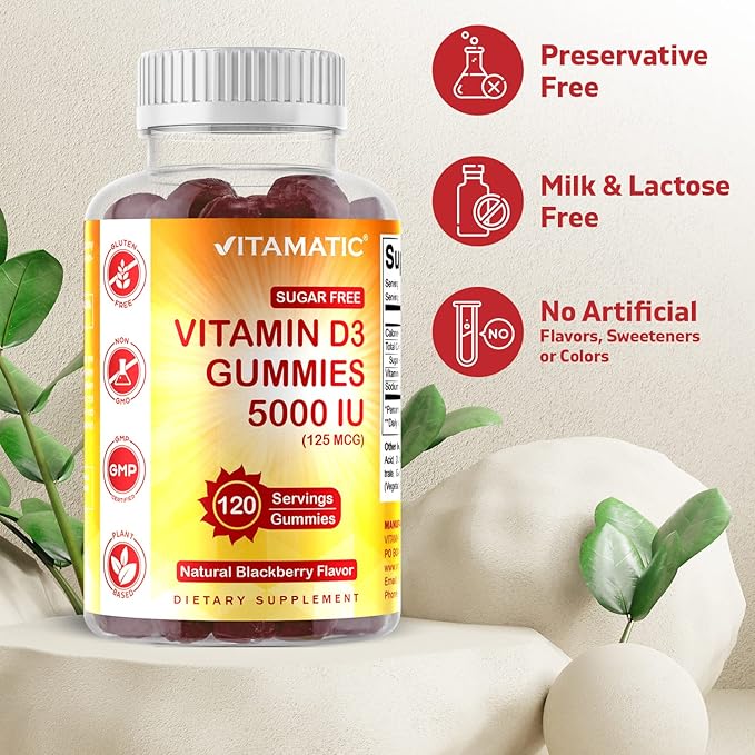 Vitamatic Sugar Free Vitamin D3 5000 IU - 120 Gummies - Great Taste - Healthy Bones, Mood & Immune System Function - Non-GMO - 120 Servings (5000 IU)