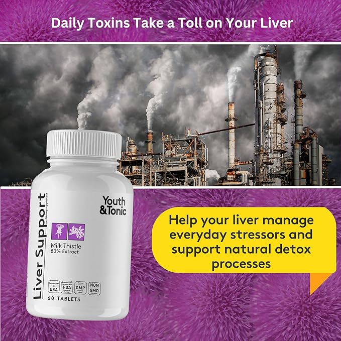 Youth & Tonic Liver Detox Cleanse Supplement – Silymarin Milk Thistle Complex Formula for Body Health, Repair & Support – Non-GMO Herbal Vitamins – 60 Capsules for Women & Men