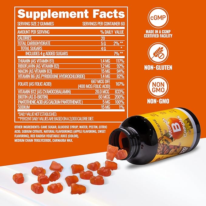 Vitamin B Complex Gummies for Adults & Kids - 120 Count Apple Flavored, with B12, Biotin, Folic Acid, Niacin (3g Per Gummy) | Energy Metabolism & Hair Support | Non-GMO, Vegan