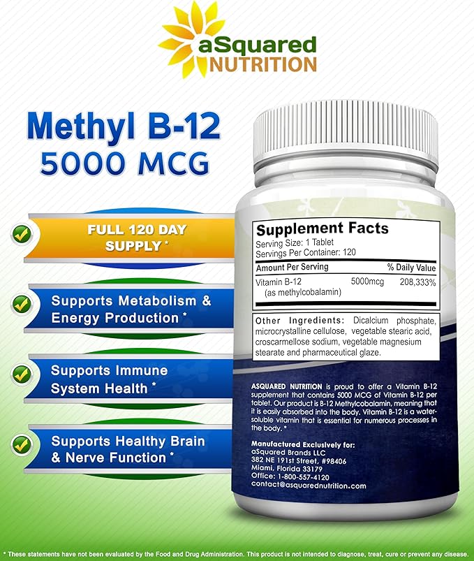aSquared Nutrition Vitamin B12-5000 MCG Supplement with Methylcobalamin (Methyl B-12) - Max Strength Vitamin B 12 Support to Help Boost Natural Energy, Benefit Brain & Heart Function - 120 Tablets