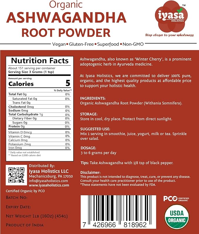 Organic Ashwagandha Powder, Withania Somnifera, Raw Superfood, Workout Supplement, Resealable Pack