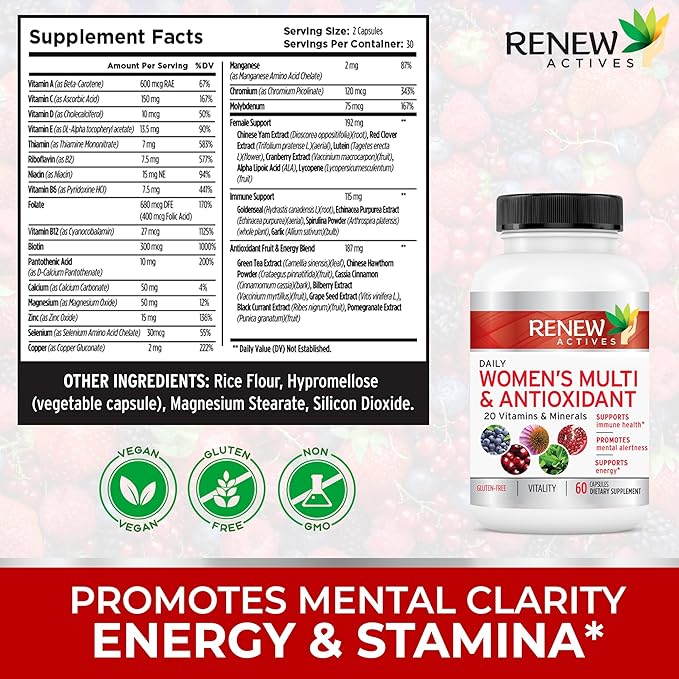 Renew Actives Women's Multi-Vitamin & Antioxidant: Daily Health Supplement - 22 Vitamins & Minerals for Energy & Mental Alertness, 2 Capsules per Serving - 60 Capsules