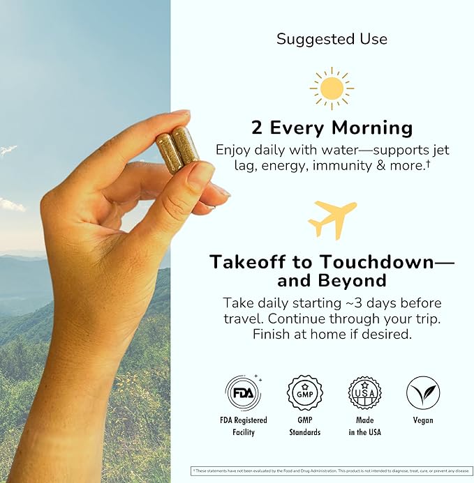 Travel Vitamin Supplement for Flight and Daily, Jet Lag, Energy, Immune, Digestion Support, Promote Calmness with Ashwagandha, Rhodiola, Chia & D3 for Better Sleep & Mood | Vegan, 60 Count