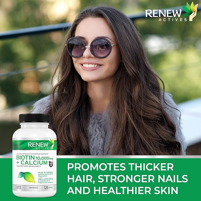 Renew Actives Biotin & Calcium 10000MCG per Serving – Supplements for Hair, Nail & Skin Care – Promotes Bone & Teeth Health – Helps Prevent Biotin Deficiency - Made in Canada – 120 Capsules
