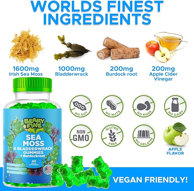 Sea Moss Gummies & Apple Cider Vinegar - Burdock Root + Bladderwrack - 102 Minerals for Daily Wellness & Nutrient Support - 60 Seamoss Gummies for Kids & Adults - Made in The USA