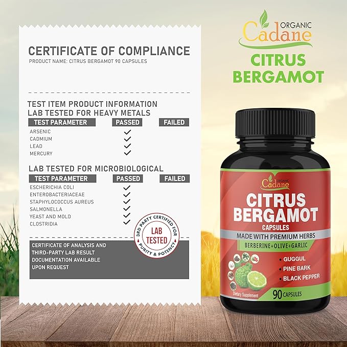 Organic Cadane Citrus Bergamot Supplement Extract Capsules, 90 Capsules & Berberine, Olive, Guggul, Garlic, Pine Bark, Black Pepper | Supports Overall Health, Immune System | 3 Months Supply