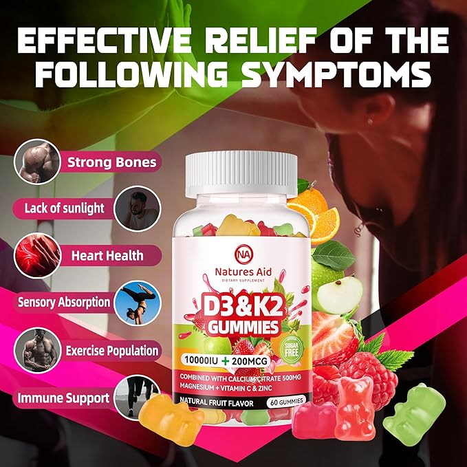 Sugar-Free Vitamin D3 K2 Gummies with Calcium + K2 (MK-7), Magnesium Citrate, Vitamin C, Extra Strength - Ultimate Absorption for Bone Muscle Teeth Immune, Vegan - 120 Gummies