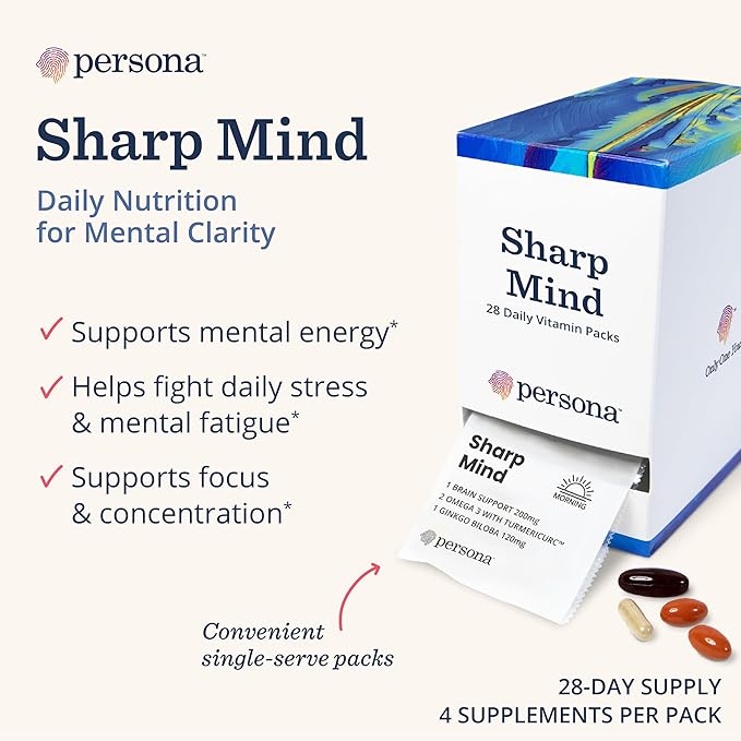 Persona Nutrition Sharp Mind Vitamin Pack for Mental Clarity & Focus (28 Pack) – Includes Ginkgo Biloba, Omega 3 with Turmeric & Brain Support Blend