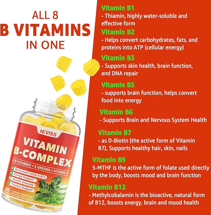 Vitamin B-Complex Gummy Supplements, with Vitamin B12, B7 as Biotin, B6, B3 as Niacin, B5, B6, B8, B9, VC, Zinc for Stress, Healthy Immune System and Energy - Sugar Free, Vegan, 120 Count
