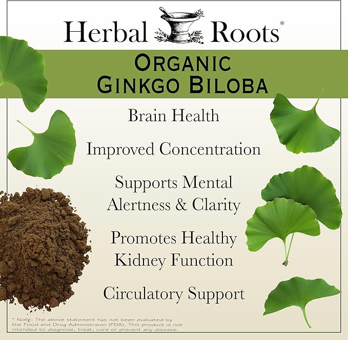 Herbal Roots Organic Ginkgo Biloba Made with Pure Organic Ginkgo Leaf and Extract - 60 Vegan Capsules