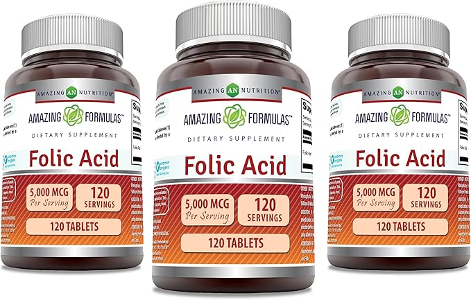 Amazing Formulas Folic Acid Supplement | 5000 Mcg | 120 Tablets | Non-GMO | Gluten Free | Made in USA (3 Pack)