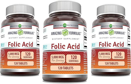 Amazing Formulas Folic Acid Supplement | 5000 Mcg | 120 Tablets | Non-GMO | Gluten Free | Made in USA (3 Pack)