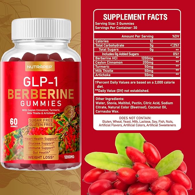 Premium Berberine HCl GLP-1 Weight Loss Gummies (1200mg) with Ceylon Cinnamon Turmeric Milk Thistle Artichoke - Sugar Free Gluten Free High Potency GLP1 Support Supplement