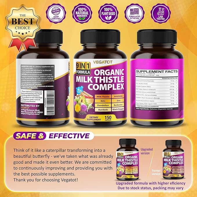 VEGATOT Organic Milk Thistle Complex 9 in 1 Formula - with Milk Thistle Artichoke NAC Zinc Dandelion Berberine Burdock Black Pepper (150 Count (Pack of 1))