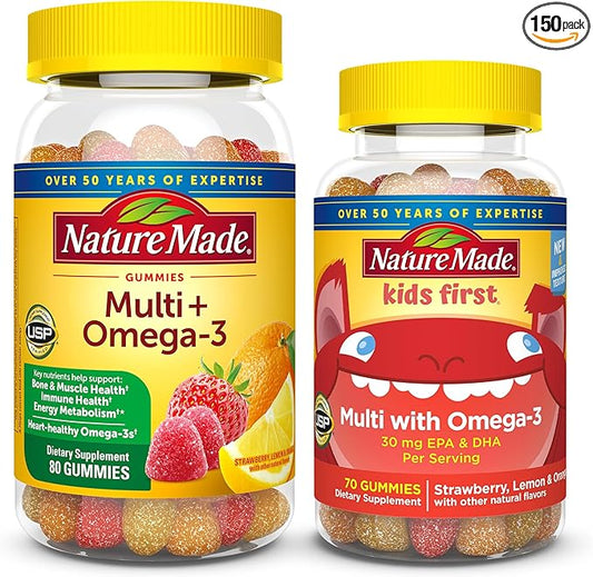 Nature Made Adult & Kids Multivitamin Gummies Combo Pack, Multis with Vitamin C, Vitamin D3, B Vitamins, Zinc, Omega 3 Fish Oil & More, Two Multivitamin Bottles for Whole Family