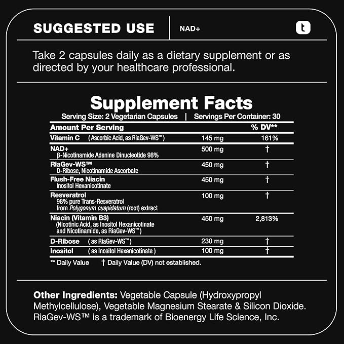 Toniiq Ultra High Strength 1500mg NAD+ Supplement - Clinically Studied Ingredients with Patented RiaGev-WS™, Resveratrol, and Niacin - 60 Capsules