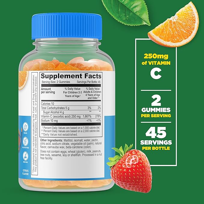Lifeable Sugar Free Vitamin C for Kids – 250 mg – Great Tasting Natural Flavor Gummy Supplement – Vegetarian GMO-Free Chewable Vitamin – for Immune Support – for Children – 90 Gummies