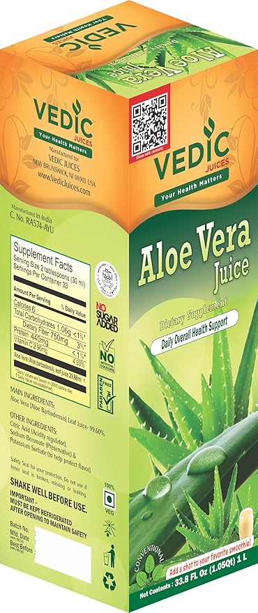 Vedic Juices Aloe Vera Juice, Aloe Supplement for Skin Nourishment, Aloe Pulp, Aloe Fiber, Gut Health and Immune Support, Aloe Juice with No Added Sugar, Parabens, or Artificial Colors, 1 Liter…