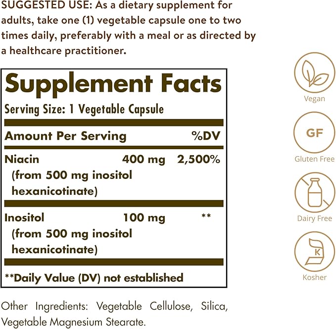 Solgar No-Flush Niacin 500 mg, 250 Vegetable Capsules - Cardiovascular Support - Supports Energy Metabolism - No-Flush Delivery - Vegan, Gluten Free, Dairy Free, Kosher - 250 Servings