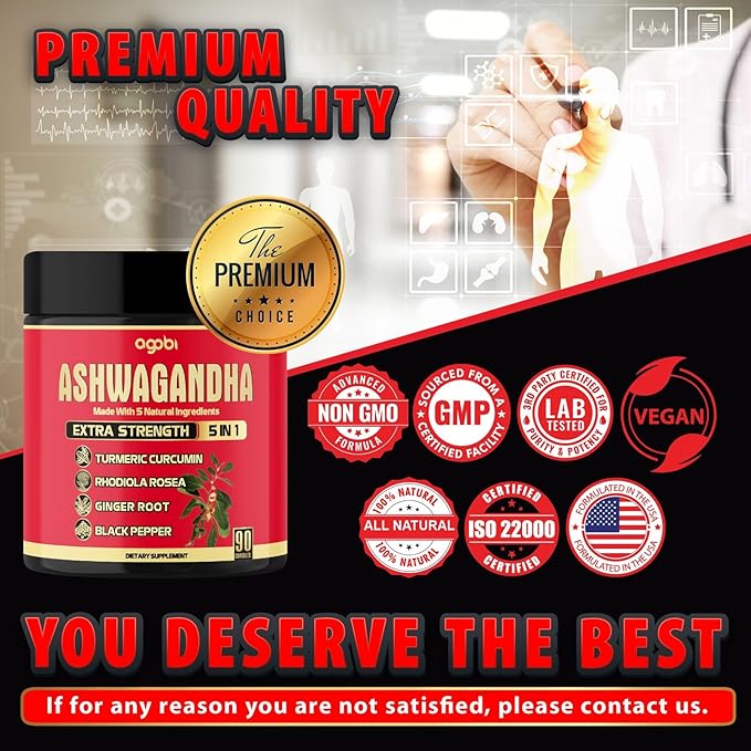 Ashwagandha Capsule 5in1-90 Vegan Capsules Blended with Ginger, Turmeric, Rhodiola Rosea & Black Pepper