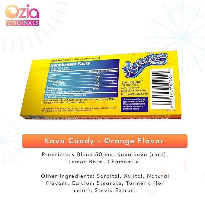 Ozia Originals Kava Kava Candy - 8 Kava Candies Per Pack, Kava Extract Stress Relief Supplement, Natural Kava Root Chill Happy Pill, Encourages Positive Mood - Orange Flavor, 4 Packs
